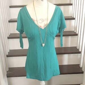 % Nevada Teal Blue V-Neck Cap Tie Sleeve Top
